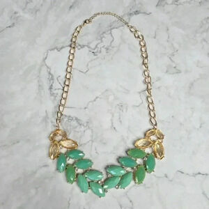 Green Leaf Gold Rhinestone Gem Chain Link Multicolor‎ Statement Necklace